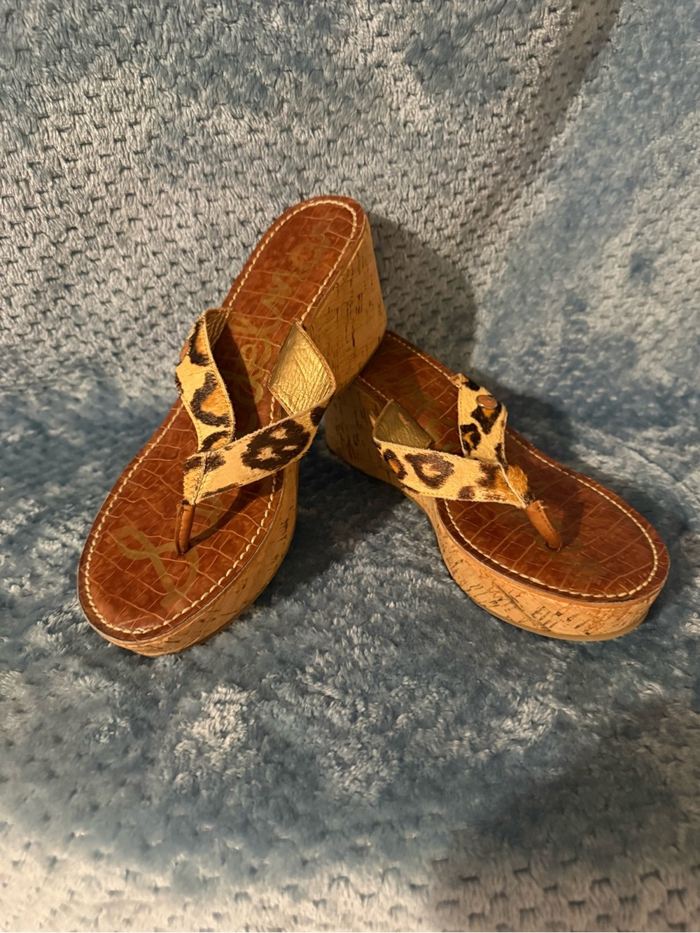 Sam Edelman Leopard Cork Wedge Flip-Flops - Brown & Tan